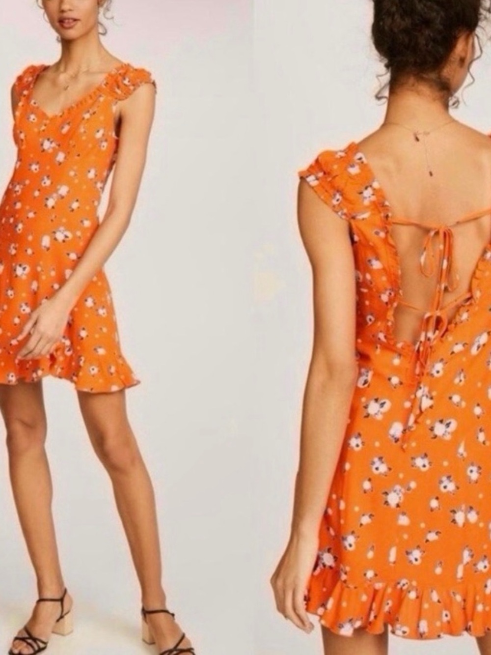 Free People Like A Lady Floral Ruffle open back Mini Dress Orange Size Large